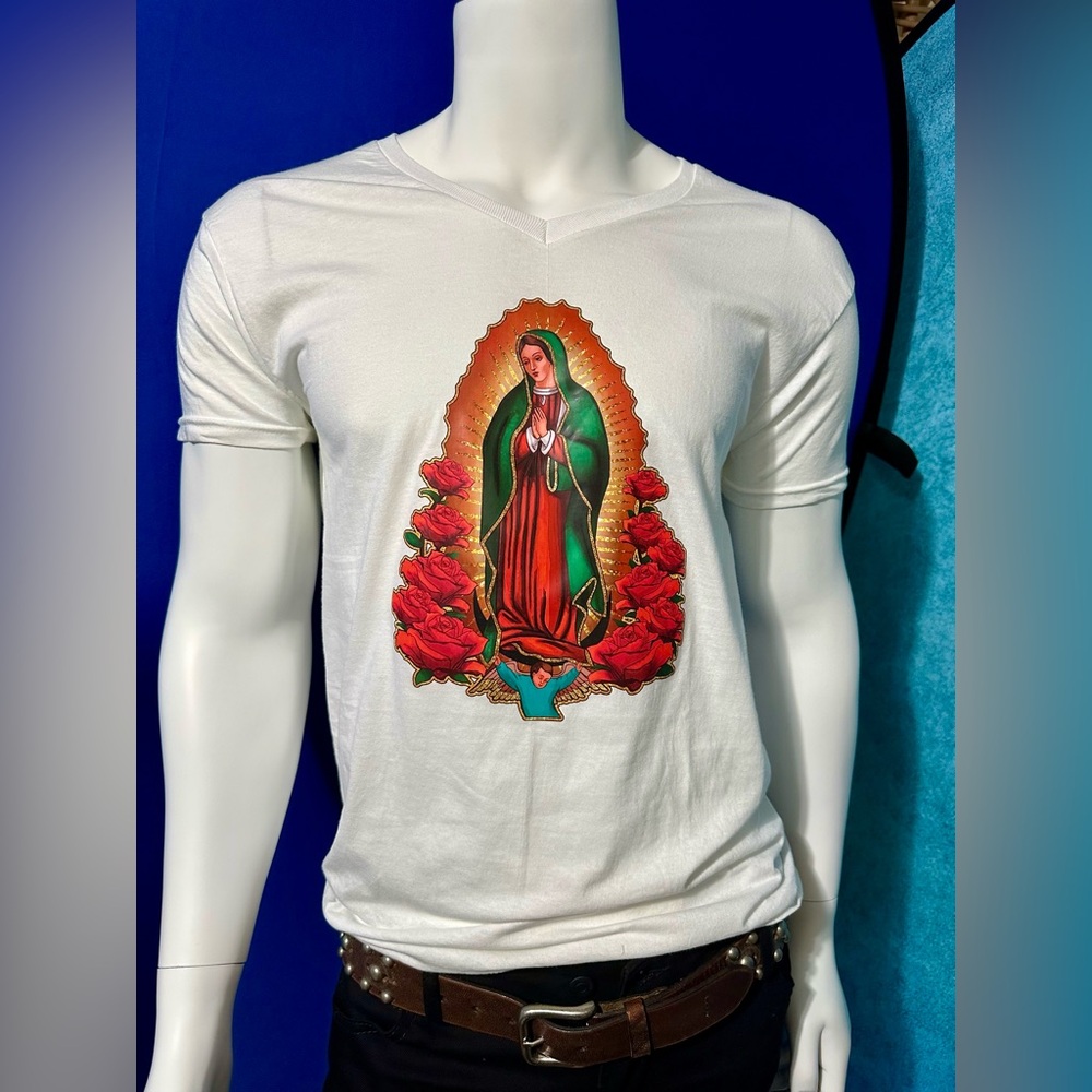 Upcycled Virgen De Guadalupe V neck shirt